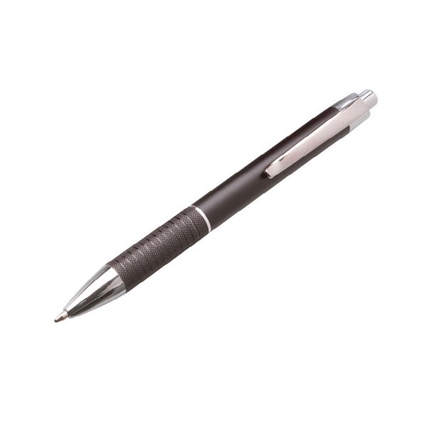 Push button ● ballpoint pen ● plastic barrel● textured metal grip ● shiny tip ● metal clip ● black ink.