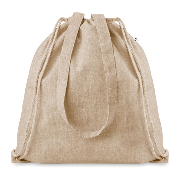 Recycled cotton shopping bag ● with drawstring and long handles.