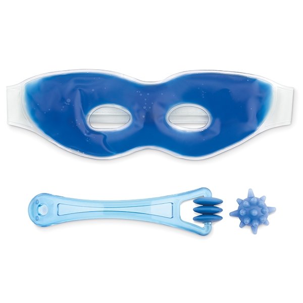 Massage set including eye mask in PVC plastic ● roller in TPR plastic ● roller in PS Plastic ● presented in a transparent pouch.