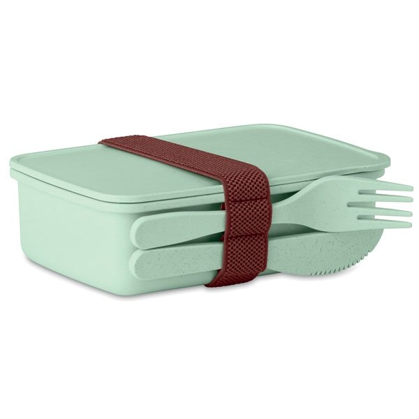 Lunch box ● made of bamboo fibre and PP plastic ● with one main compartment ● one knife and fork ● includes an elastic band to hold cutlery in place.