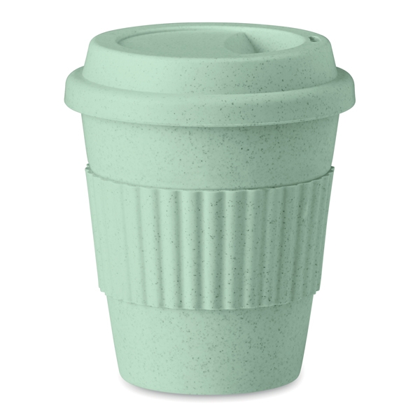 Single wall tumbler ● made of bamboo fibre and PP plastic ● with a lid and grip.