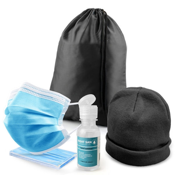 Set Consists Of :● Drawstring bag ● 100ml Liquid hand sanitiser ● 5 Disposable face masks ● Beanie.Query stock availability with your sales consultant