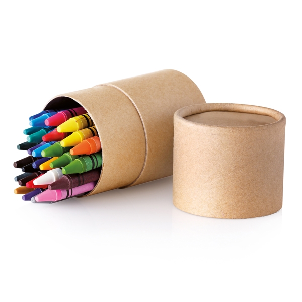 Cylindrical carton tube ● with 30 different colour wax crayons.