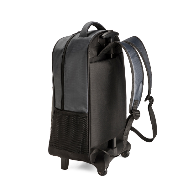 Laptop trolley backpack ● with one main zipped compartment ● one front zipped pocket ● two side mesh pockets ● PU dome badge ● Fits most 15" laptops.