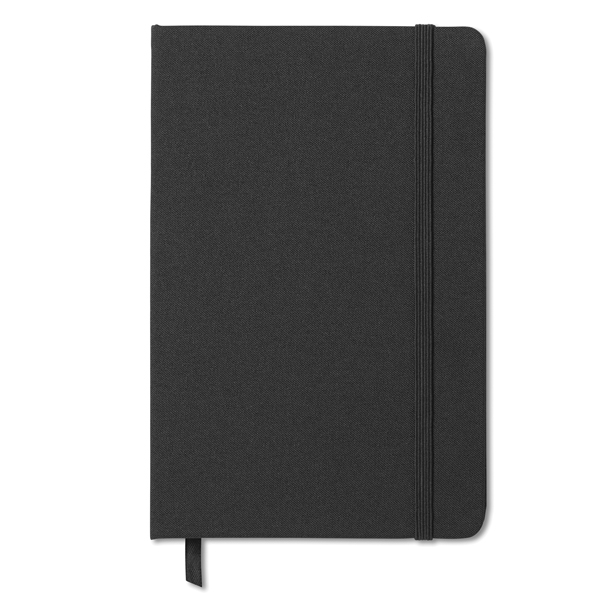 A5 notebook ● with two tone polyester fabric cover ● ± 96 lined pages ● pocket on the back cover.