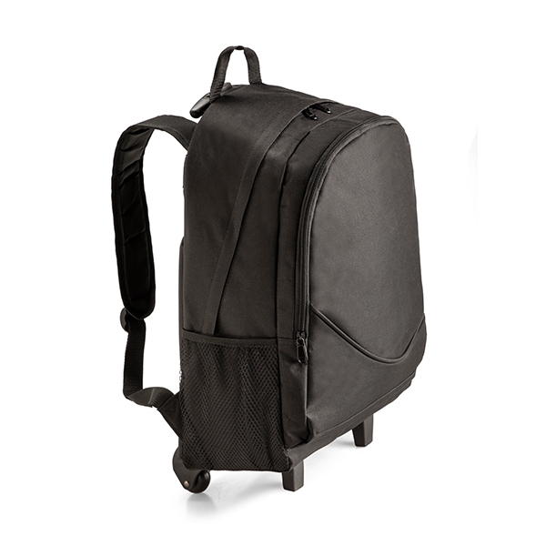 Laptop trolley backpack ● with one main zipped compartment ● one front zipped cmpartment ● two side mesh pockets ● Fits most 15" laptops.