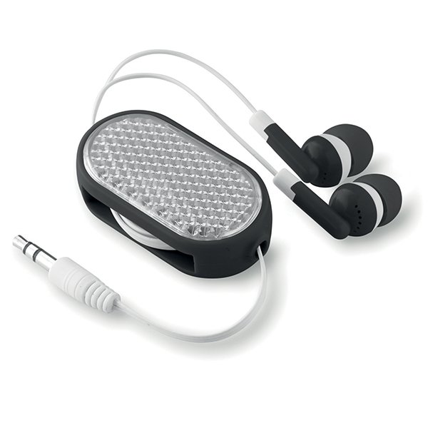 Includes retractable earphones with reflective front.