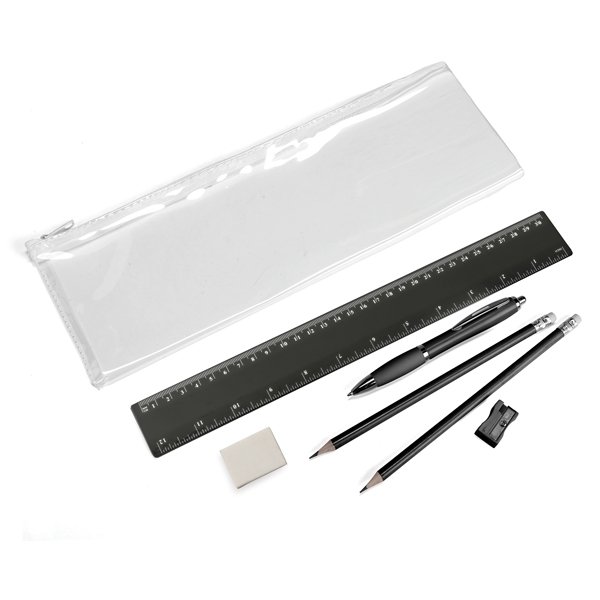 Stationery set consists of a clear pencil case ● a ruler ● a sharpener ● a eraser ● 2 standard grey lead pencils ● a ballpoint pen.