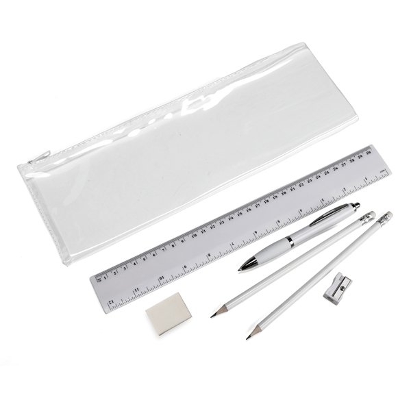 Stationery set consists of a clear pencil case ● a ruler ● a sharpener ● a eraser ● 2 standard grey lead pencils ● a ballpoint pen.