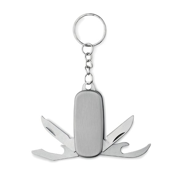 Multi-Function pocket keyring ● 4 functions ● knife ● bottle opener ● can opener ● nail file.