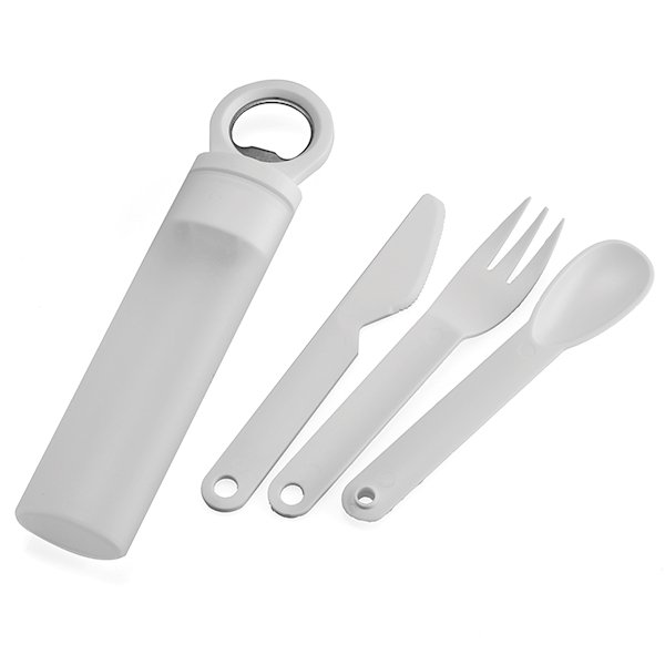 Cutlery set ● that consits of one fork ● one spoon ● one knife ● with opener.