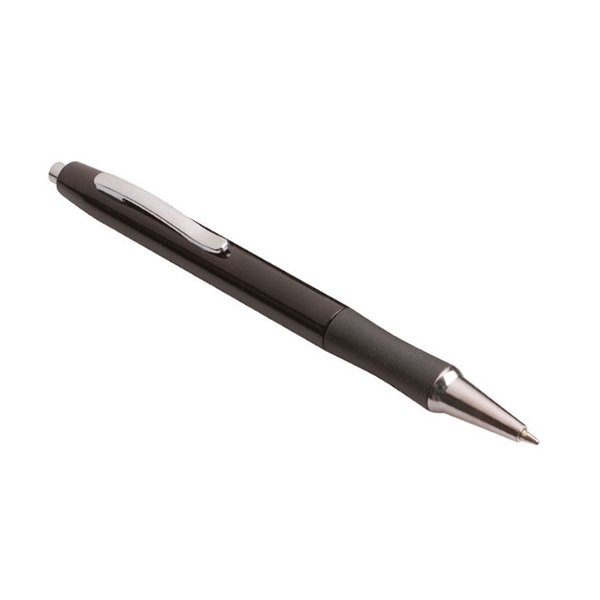 Push button ● ballpoint pen ● shiny barrel and tip ●rubber grip ● metal clip ● black ink.