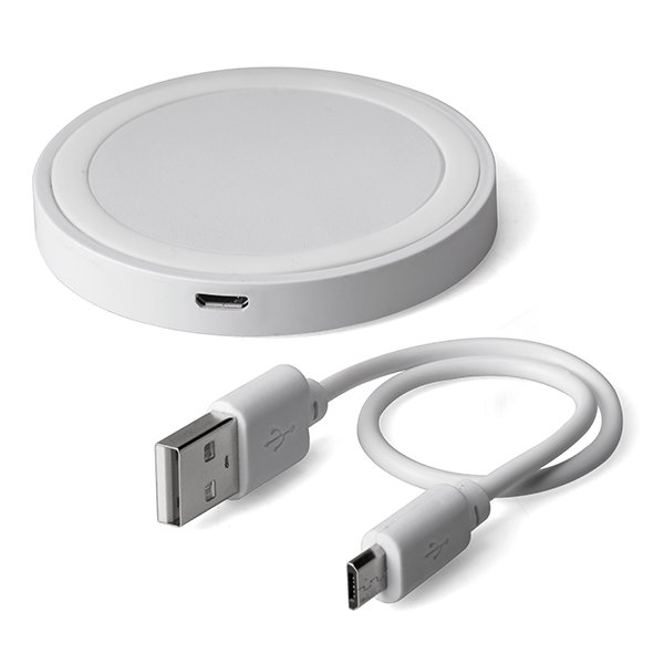 Wireless charging pad ● USB charging cable ● safety instructions ● Input: 5V/2A ● Output: 5V/1A ● transmission distance ± 10mm ● efficiency ± 73%.