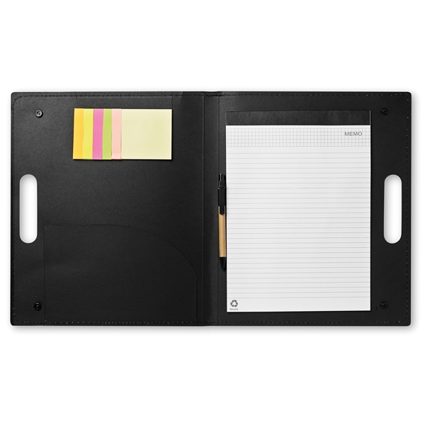 Conference folders ● with 6 coloured sticky notes ● ± 20 page notepad ● includes a recycled pen with black ink.